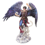 Air wizard with purple-blue feathered wings, standing on a cloud with a transparent white eastern dragon. The sorcerer has a ball of air energy in one hand and an outfit of red and blue.