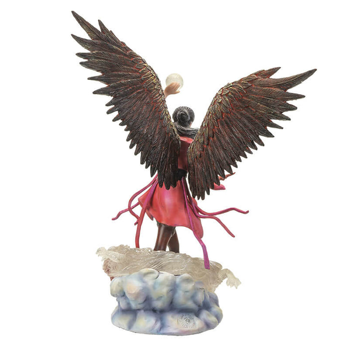 Sorceress in red dress with feathered wings. A sphere of air in one hand, wand in the other, and a pair of air elementals in the clouds at her feet. Shown from behind
