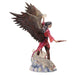 Sorceress in red dress with feathered wings. A sphere of air in one hand, wand in the other, and a pair of air elementals in the clouds at her feet. Shown from the side, lots of detail in the wings