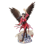 Sorceress in red dress with feathered wings. A sphere of air in one hand, wand in the other, and a pair of air elementals in the clouds at her feet.