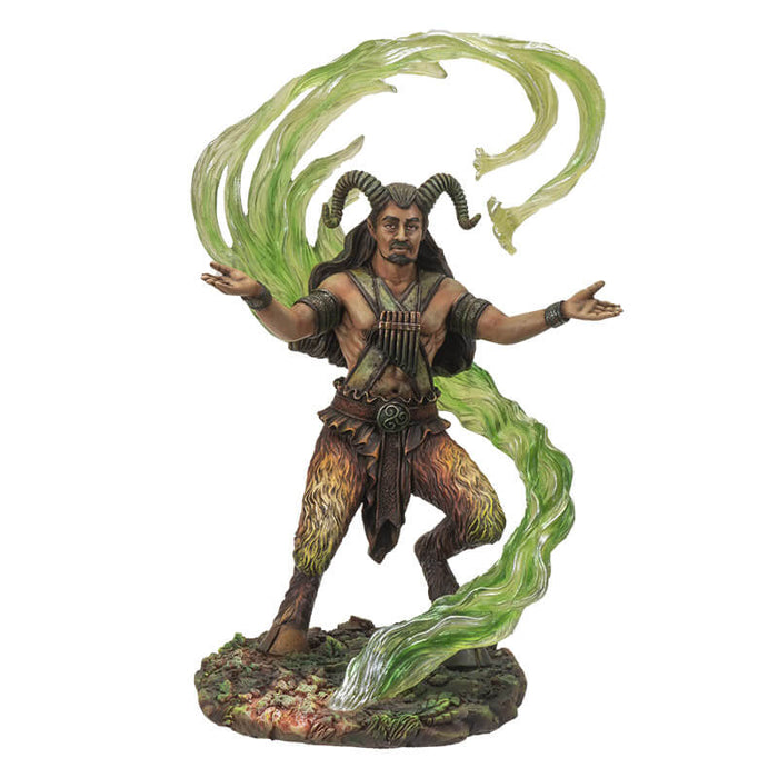 Satyr wizard with green magic flowing all around him. He has a set of panpipes and wears a loincloth over his faun goat legs, and horns grow from his head..