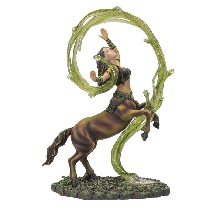 Centaur sorceress rears up above the forest floor, commanding swirling green earth magic that encircles her. Figurine based upon the art of Anne Stokes.