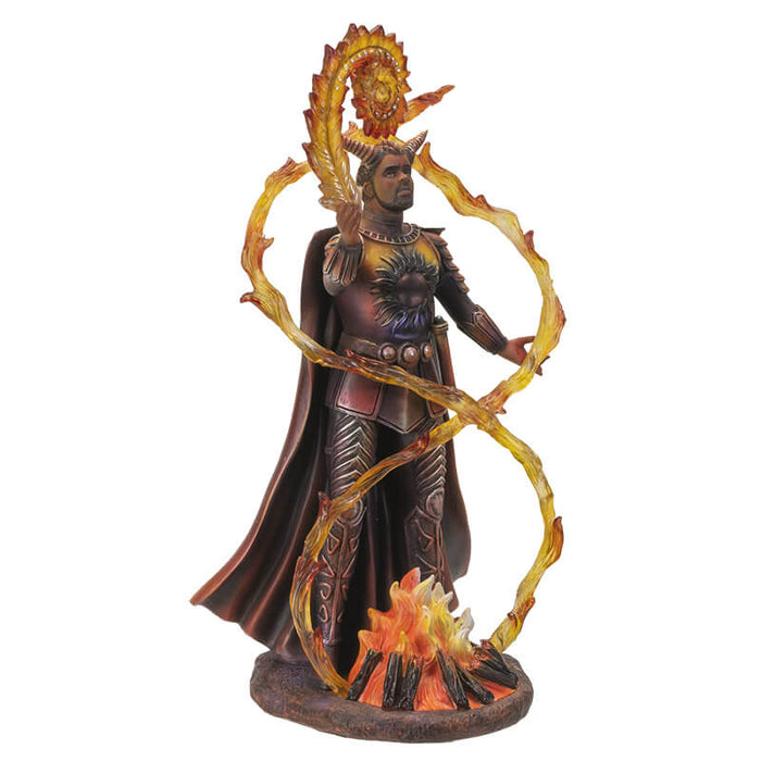 Fire wizard statue based on Anne Stokes artwork. Clad in armor and with horns. Bonfire in front of him and translucent fire swirling up around him in curving patterns.