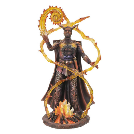 Fire wizard statue based on Anne Stokes artwork. Clad in armor and with horns. Bonfire in front of him and translucent fire swirling up around him in curving patterns.