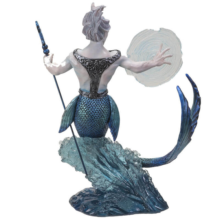 Merman with water magic and a trident. He has iridescent scales and a jeweled breastplate, and is supported on a blue transparent wave. Shown from behind