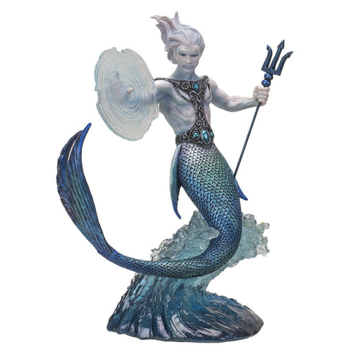 Merman with water magic and a trident. He has iridescent scales and a jeweled breastplate, and is supported on a blue transparent wave.