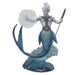 Merman with water magic and a trident. He has iridescent scales and a jeweled breastplate, and is supported on a blue transparent wave.