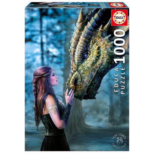 1000 piece jigsaw puzzle by Educa - A sorceress stands in a black corset and skirt, touching the nose of a mottled green dragon. 