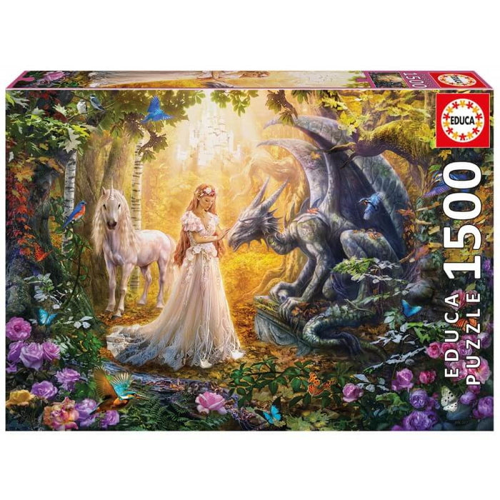 A princess stands in the forest wearing a white dress, with a pearly white unicorn and a stone dragon. They are surrounded by flowers. 1500 piece jigsaw puzzle by Educa