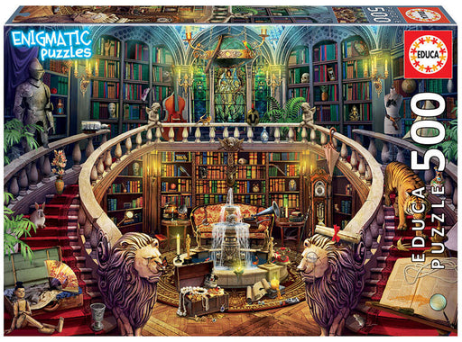 500 piece Enigmatic Puzzle from Educa showing a mysterious library. In addition to the books there is a fountain, lion statues, a tiger, armor, and much more!