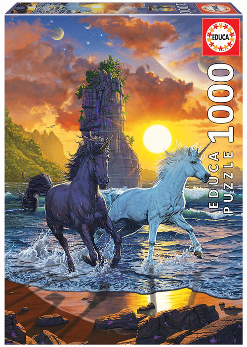 1000 piece jigsaw puzzle from Educa with artwork by Vincent Hie. A white and a black unicorn run along the beach at sunset or sunrise. 