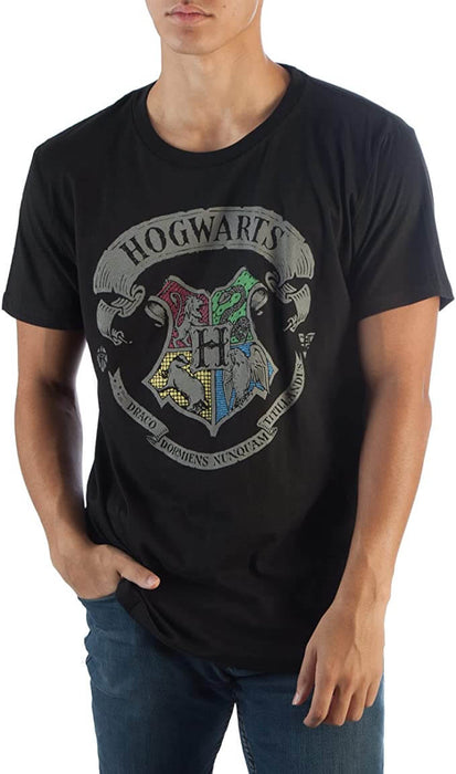 Black tee shirt with the Hogwarts crest front and center