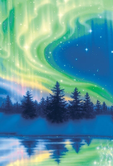 Card back art featuring a winter pine forest under the Northern Lights