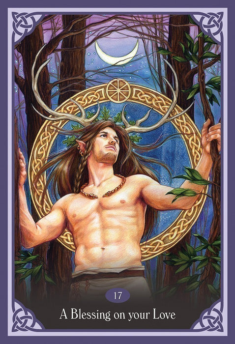 Card example, text reads "A Blessing on your Love" and features a shirtless man with antlers in the forest, framed by a Celtic knot ring