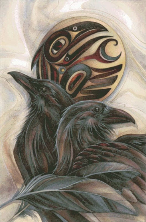 This fantastic project will bring to life a pair of ravens! The artwork, by Jody Bergsma, features two black crows at the forefront, with a tribal style raven totem symbol behind. The feathers hold rich, inky, earthy hues and the background is a wash of silver and beige. Cross stitch mokcup