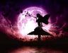  The finished artwork, by Julie Fain, features the silhouette of a fairy perched upon a mushroom. Butterflies flock to her, shadow-black against the pink full moon. 