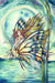 A fairy riding upon a butterfly. The pixie peers out from between the colorful wings, and a moon rises above the pond in the background. by Jody Bergsma