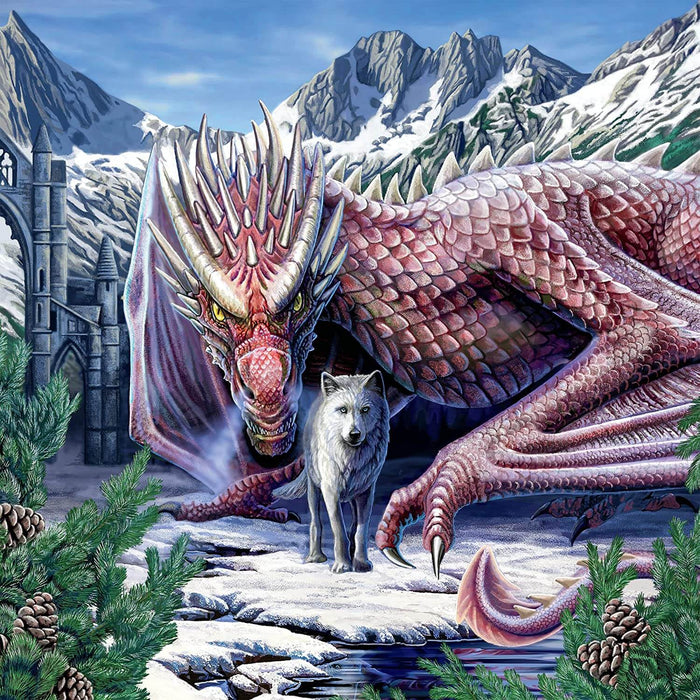 Artwork by Lisa Parker called Alliance, featuring a red dragon with yellow eyes and a white wolf staring forward. In the background are mountains and a castle, and in the front is a pond and pine trees with pinecones. It is snowy.