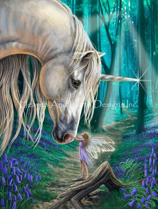 The artwork of Lisa Parker reveals a unicorn and a fairy. The white equine has a sparkling horn and long mane, and leans down to the pixie on a root below. Around them, purple flowers bloom in an enchanted forest.