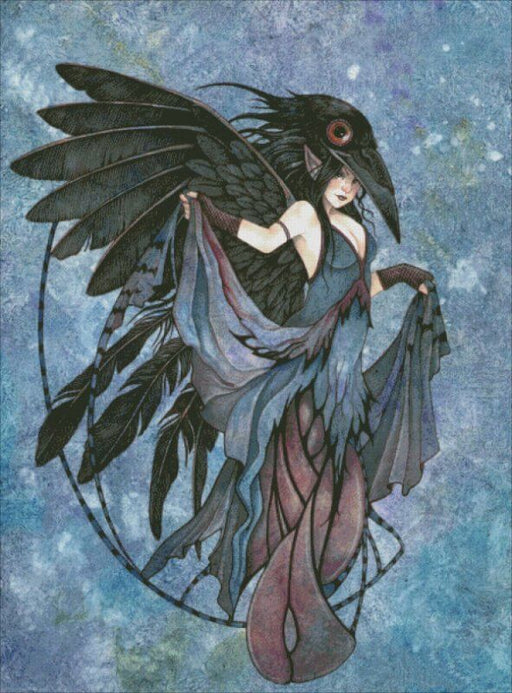 Cross-stitch mockup  art of Linda Ravenscroft. A fairy hovers against a mottled blue background. She wears a dark wispy dress and has black feathered wings. A raven mask sits atop her head.