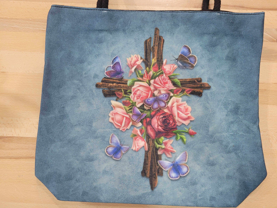 Butterfly cross design with roses and blue butterflies
