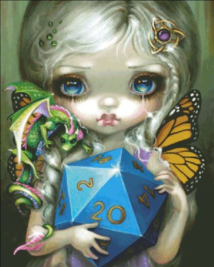 Fairy with blond hair, orange butterfly wings, green dragon and blue d20 dice. Cross stitch finished project