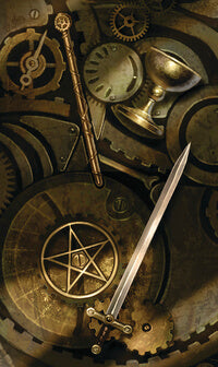 Image of the card back for the Steampunk Mini Tarot Deck by Aly Fell. Gears, a chalice, a sword, a pentacle can all be seen with a bronze brown color scheme.