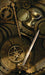 Image of the card back for the Steampunk Mini Tarot Deck by Aly Fell. Gears, a chalice, a sword, a pentacle can all be seen with a bronze brown color scheme.
