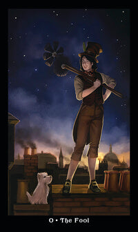 Image of a card for the Steampunk Mini Tarot Deck by Aly Fell. "The Fool" shows a chimney sweep on a roof with a small white dog