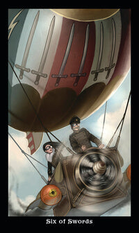Image of a card for the Steampunk Mini Tarot Deck by Aly Fell. "Six of Swords" shows two people piloting a propeller hot air balloon plane with six swords decorating it