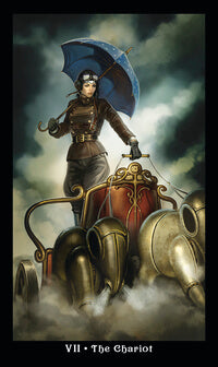 Image of a card for the Steampunk Mini Tarot Deck by Aly Fell. "VII - The Chariot" - has a woman with a blue umbrella driving a mechanical chariot pulled by metal beasts.