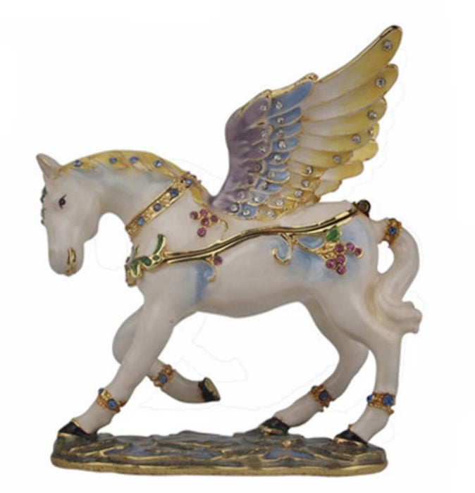 The latched box is shaped like a winged pegasus prancing, and adorned with shining gold accents and pastel colors. A wonderful gift idea!
