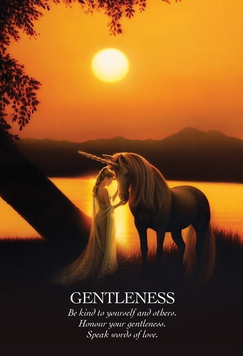 Card example showing a maiden and unicorn at sunset in front of a lake. Text reads, "GENTLENESS: Be kind to yourself and others. Honour your gentleness. Speak words of love."
