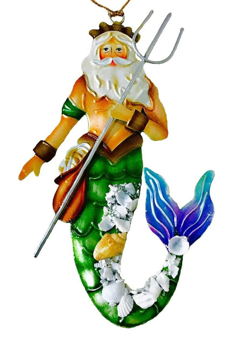 King Neptune / Poseidon ornament featuring a male mermaid with a trident and satchel, accented in seashells