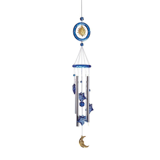 Celestial wind chime in blue and gold with stars, a sun and a moon