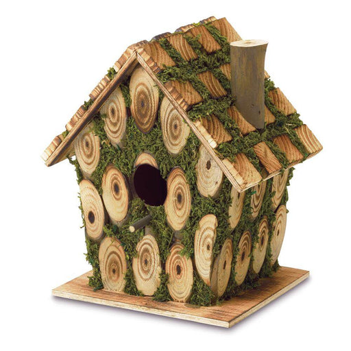 Birdhouse made from knotty wood and faux moss