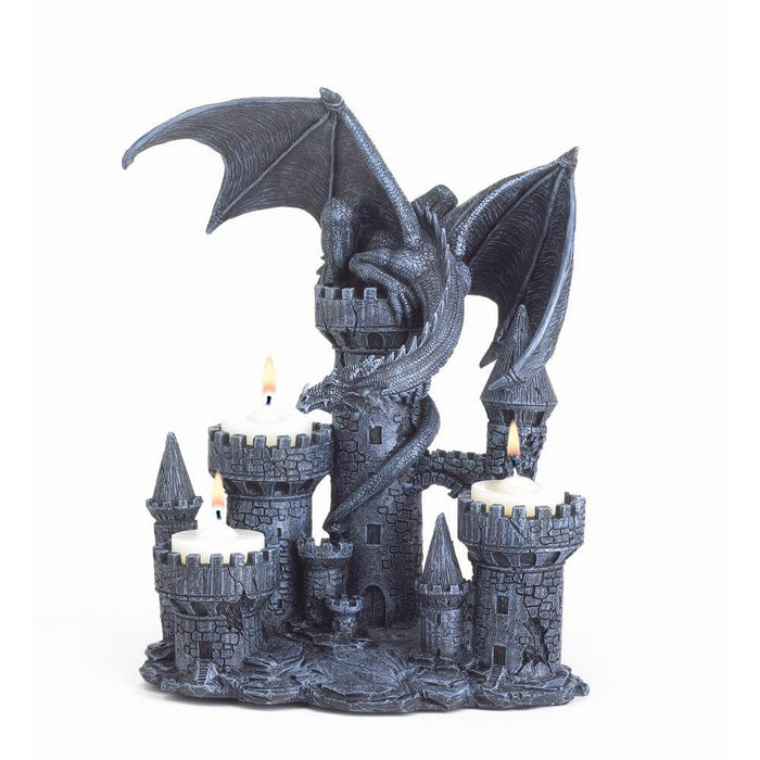 Grey faux-stone candleholder featuring a dragon curled around a castle tower. Three other towers function as candleholders.