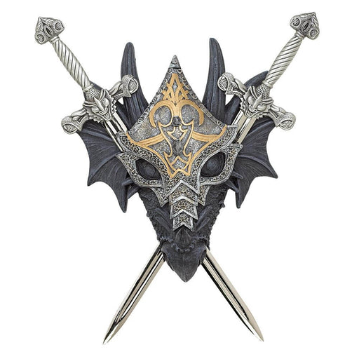 Armored black dragon head with two sword replicas