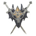 Armored black dragon head with two sword replicas