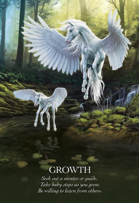 Card art showing a mother and foal pegasus in a forest over a pond. Text reads, "GROWTH: Seek out a mentor or guide. Take baby steps as you grow. Be willing to learn from others."