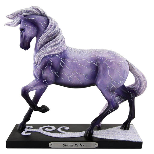 Purple horse streaked with lightning bolts on a black and lilac base, with the name plate "Storm Rider"