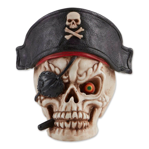 Grinning skeleton with pirate hat and eyepatch, and a cigar. One eye gazes out with a crazed expression