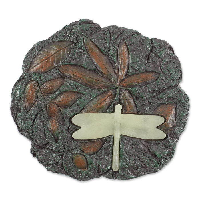 Dragonfly stepping stone with leaf pattern and glow in the dark dragonfly
