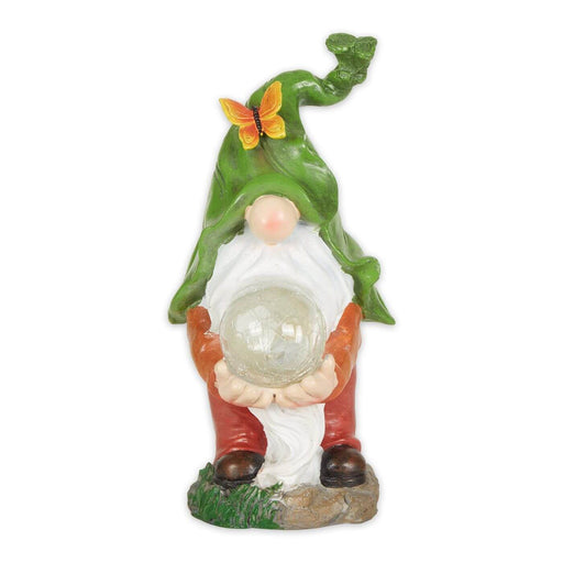 Gnome holding orb that lights up. He has a green hat with a butterfly on it