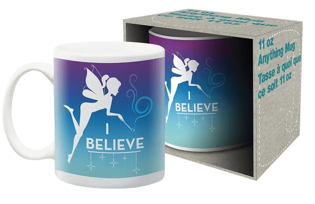 Purple-blue ombre coffee mug with a white fairy silhouette and the text "I BELIEVE" with stars"