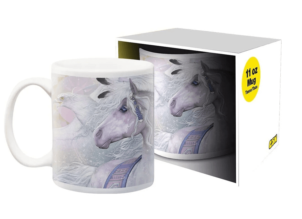 Mug featuring Laurie Prindle's artwork with a pale horse and white hawk and a Native American feel. Comes in a box