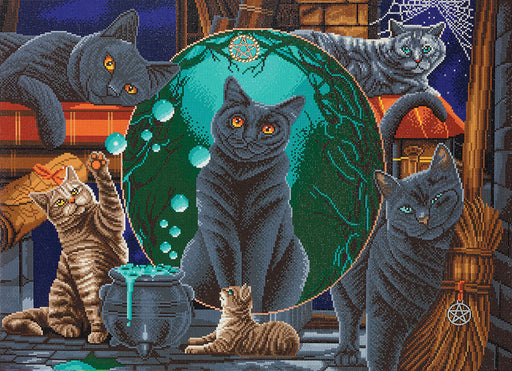 Magical Cats by Lisa Parker, finished diamond art image showing a multitude of witchy cats and spooky decor