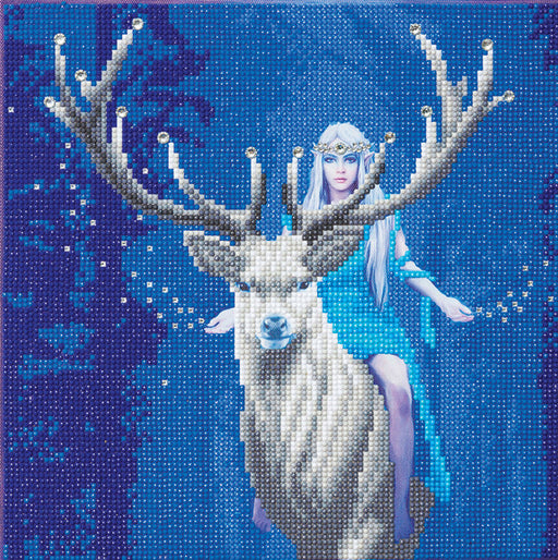 Crystal Painting kit makes this artwork by Anne Stokes featuring an elf maiden riding upon a white stag through a nighttime forest