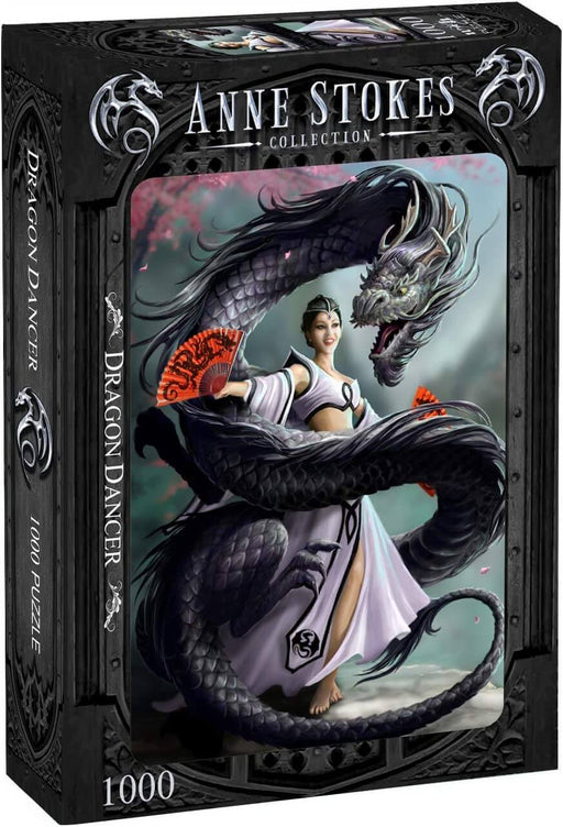 A woman dances with a black dragon on this jigsaw puzzle called Dragon Dancer, with 1000 pieces, by Anne Stokes