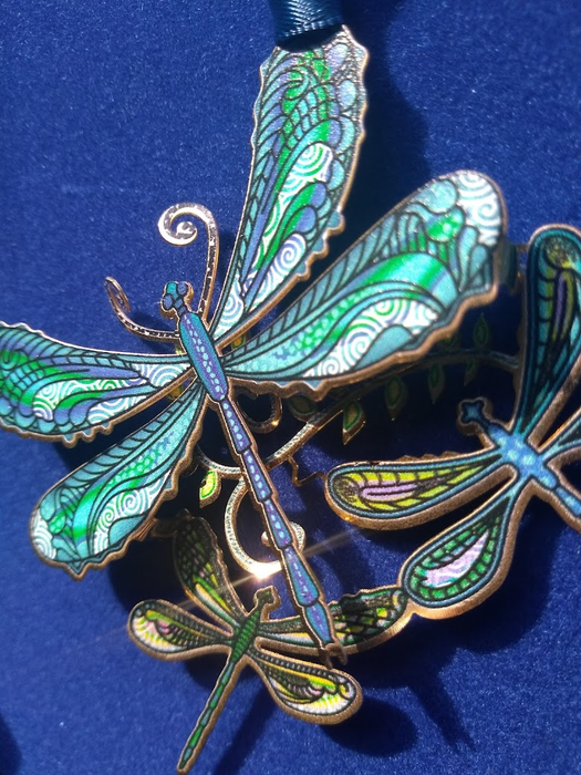 Designs on the dragonfly against the brass metal